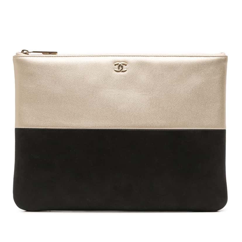 Chanel Medium Bicolor Caviar and Iridescent Calfskin O Case Clutch Gold Leather Good condition - Front View