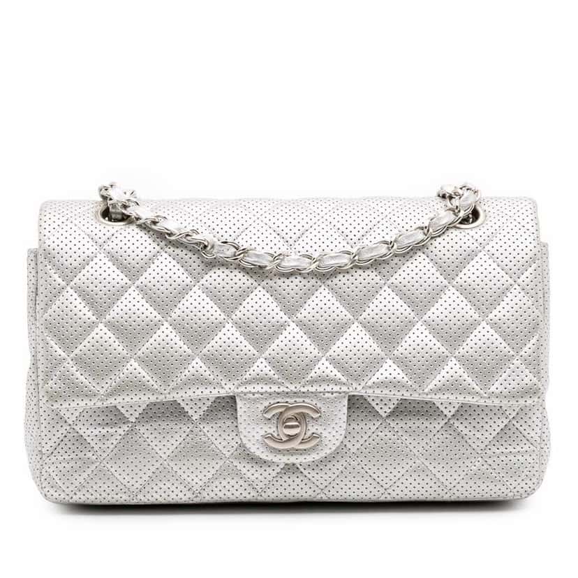Chanel Medium Classic Perforated Lambskin Double Flap Silver Leather Good condition - Front View