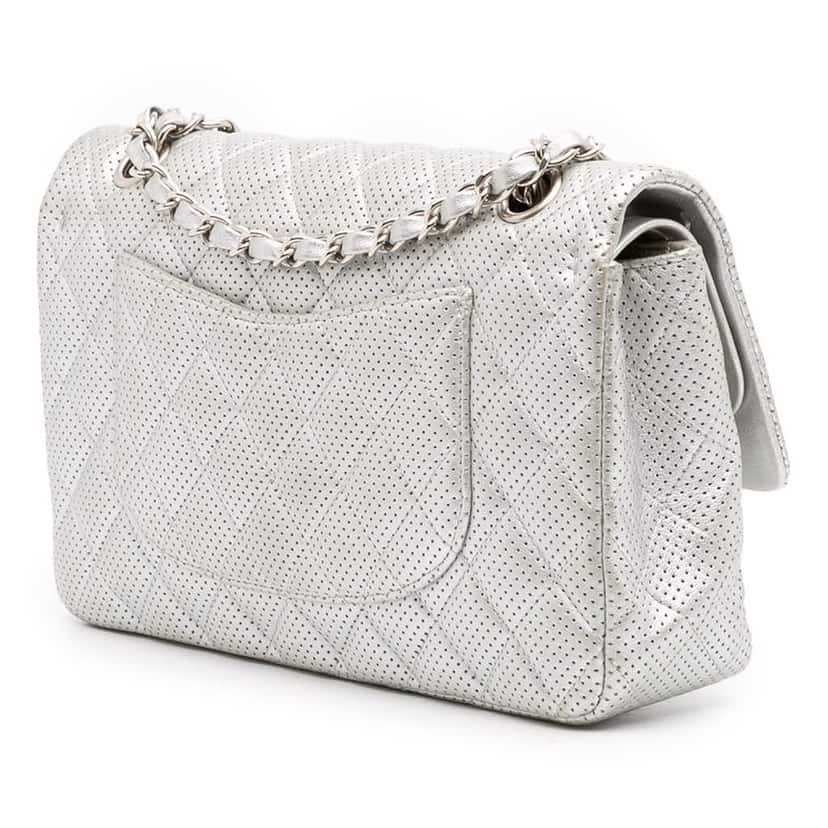 Chanel Medium Classic Perforated Lambskin Double Flap Silver Leather Good condition - Back View