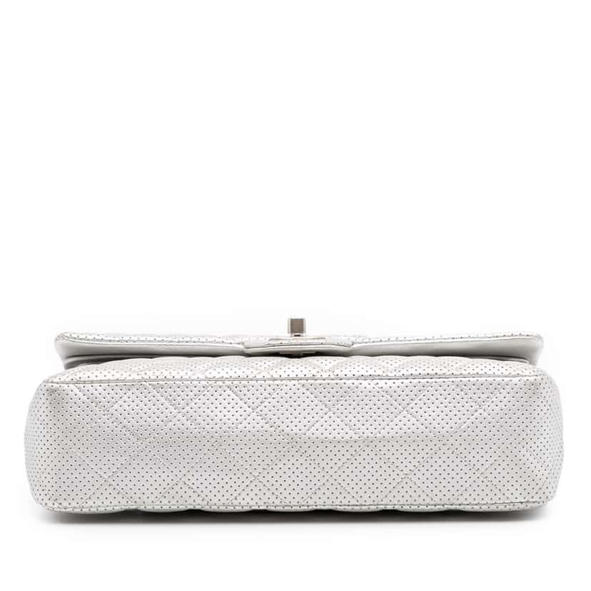 Chanel Medium Classic Perforated Lambskin Double Flap Silver Leather Good condition - Inside View