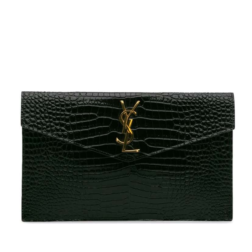 Saint Laurent Croc Embossed Leather Uptown Pouch Green Leather Good condition - Front View