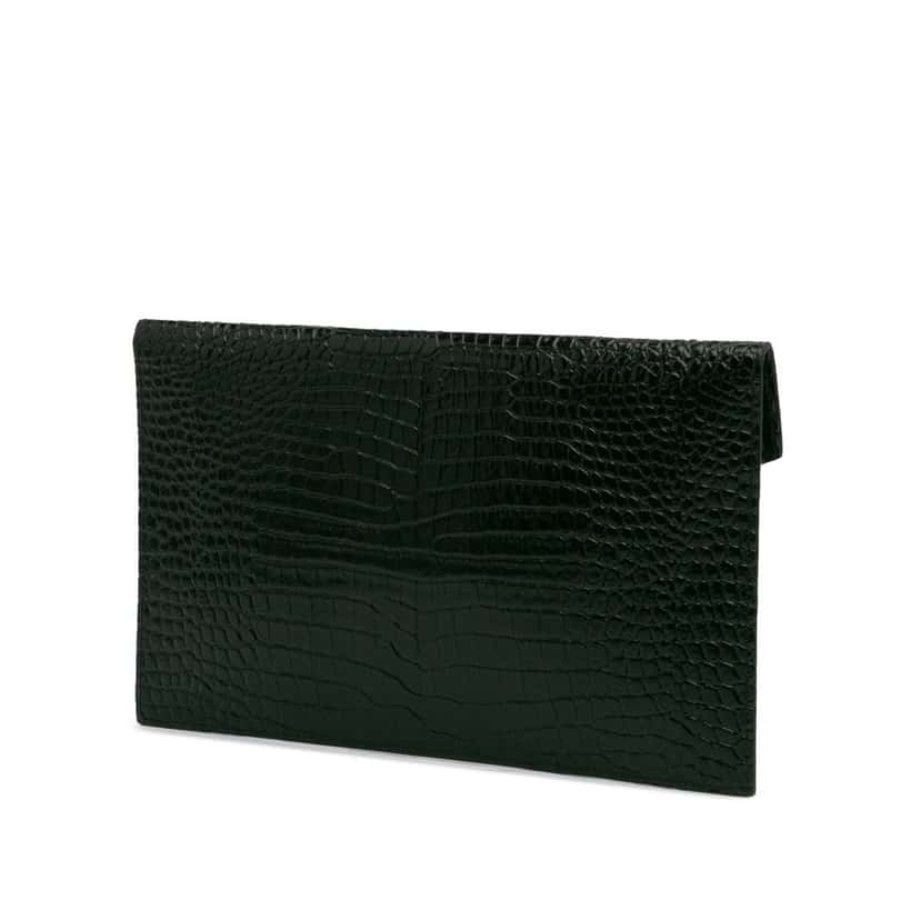 Saint Laurent Croc Embossed Leather Uptown Pouch Green Leather Good condition - Back View
