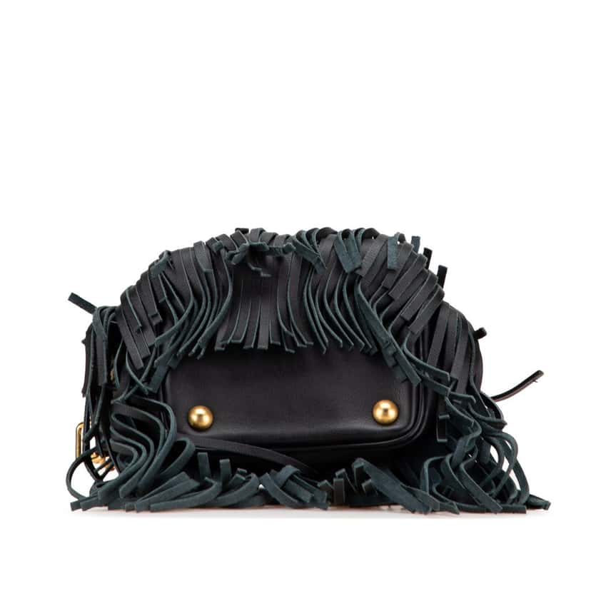 Saint Laurent Small Calfskin Emmanuelle Fringe Bucket Bag Black Leather Good condition - Inside View