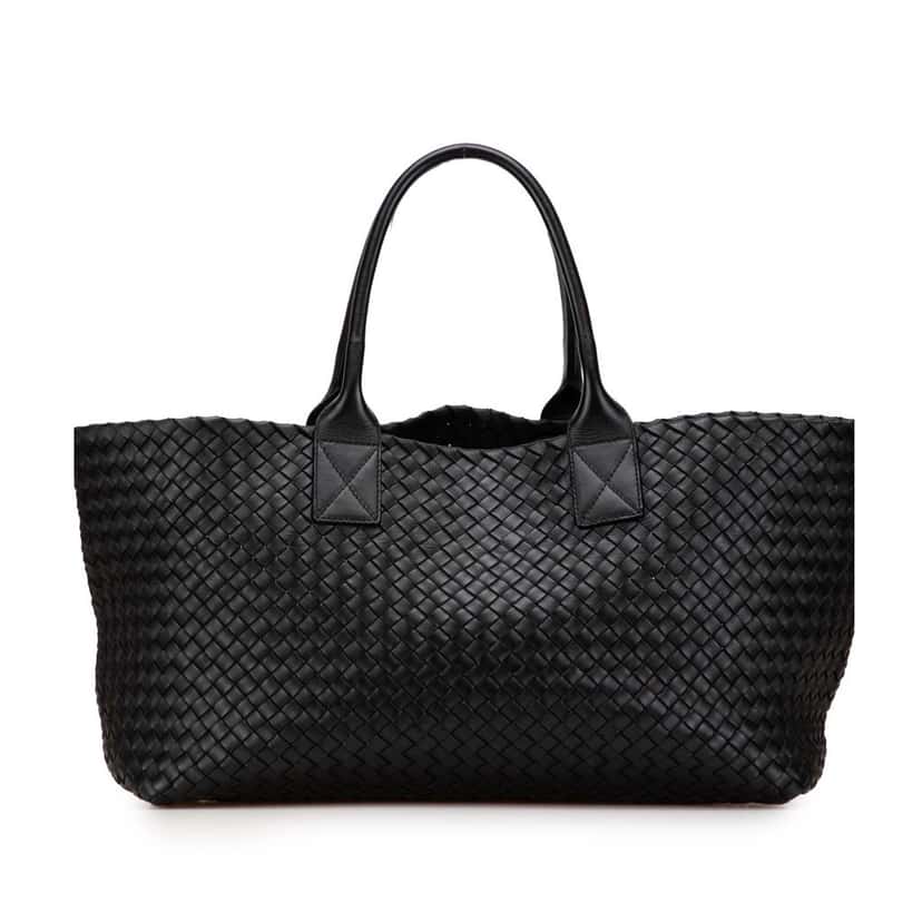 Bottega Veneta Medium Lambskin Intreccio Cabat Tote Black Leather Very good condition - Front View