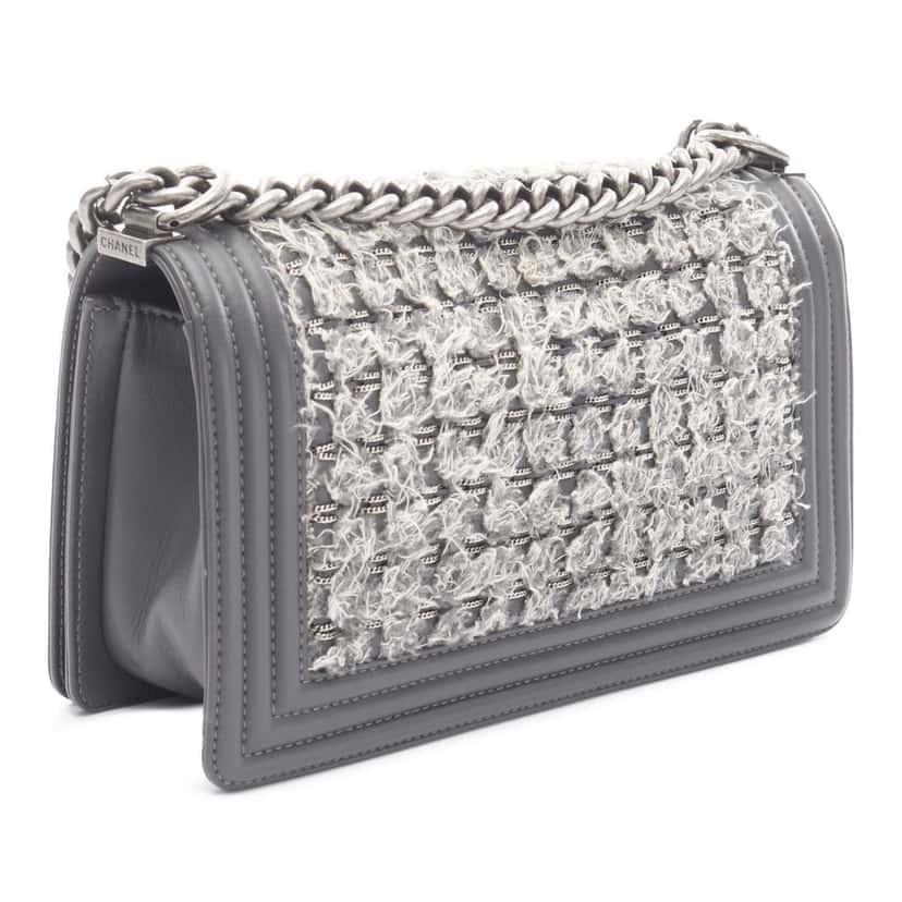 Chanel Old Medium Braided Tweed and Calfskin Boy Flap Grey Tweed Good condition - Back View