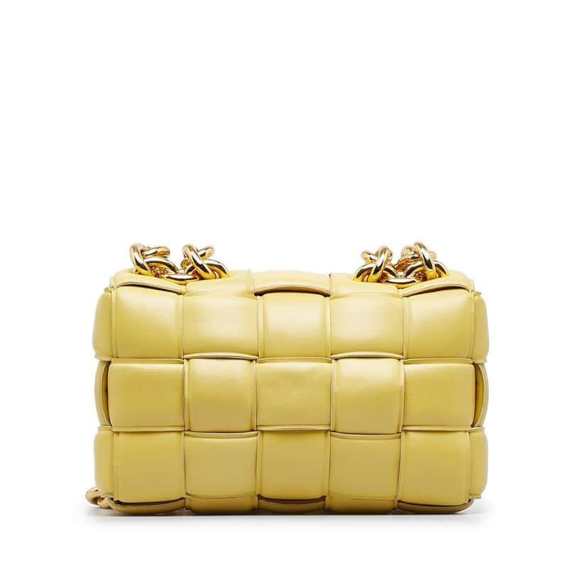 Bottega Veneta Nappa Intrecciato Padded Chain Cassette Satchel Yellow Leather Good condition - Inside View