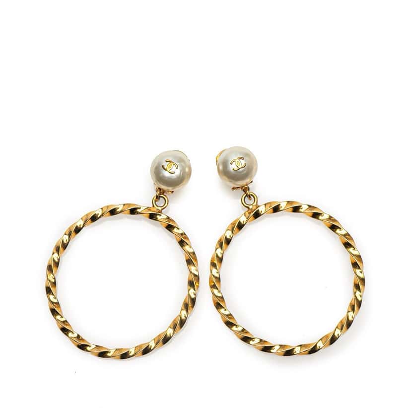 Chanel CC Gold Plated Big Hoop Pearl Clip On Earrings Gold Metal Good condition - Front View