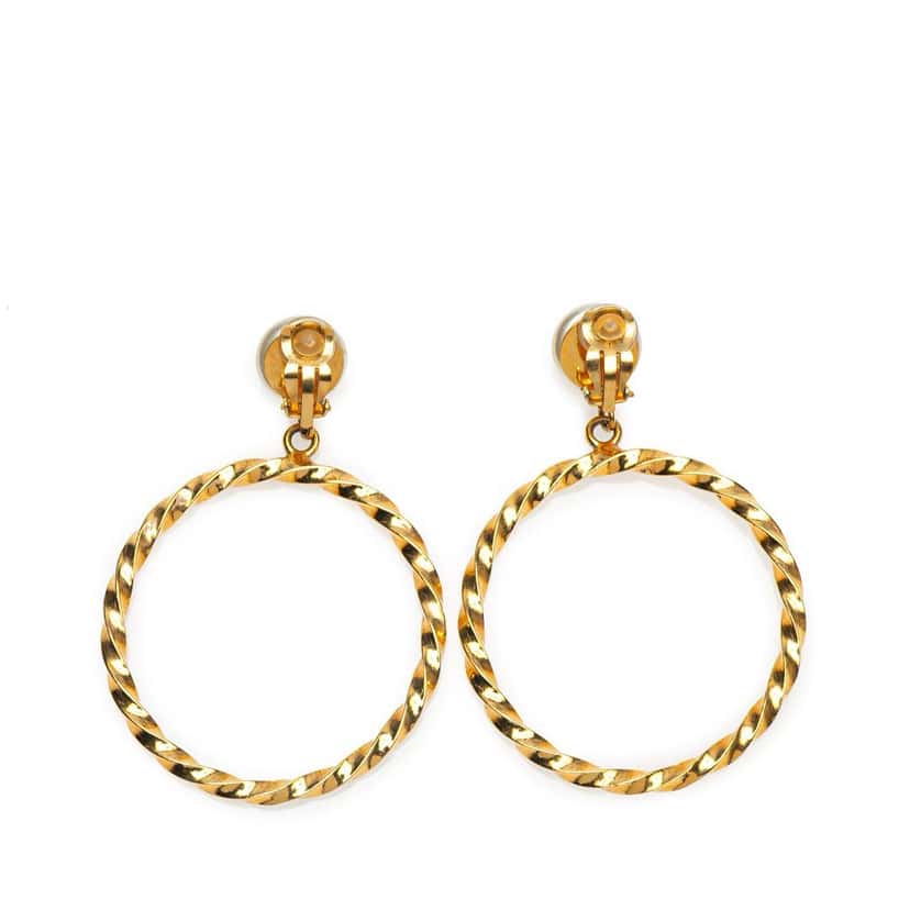 Chanel CC Gold Plated Big Hoop Pearl Clip On Earrings Gold Metal Good condition - Back View