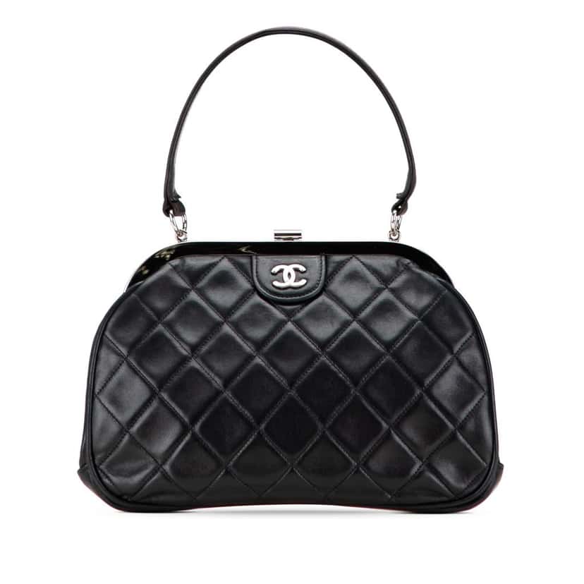 Chanel CC Quilted Lambskin Kiss Lock Frame Top Handle Bag Black Leather Good condition - Front View