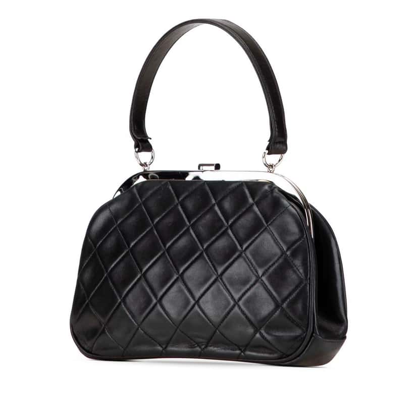 Chanel CC Quilted Lambskin Kiss Lock Frame Top Handle Bag Black Leather Good condition - Back View