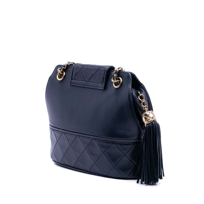 Chanel CC Quilted Lambskin Tassel Flap Blue Leather Good condition - Back View