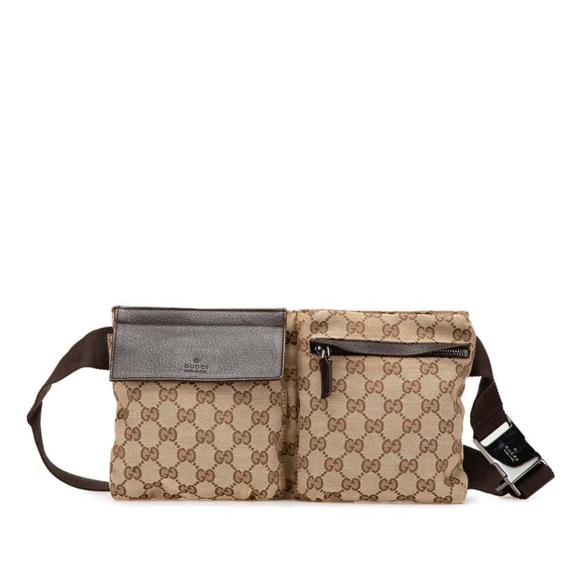 Gucci GG Canvas Double Pocket Belt Bag Brown Canvas Good condition - Front View