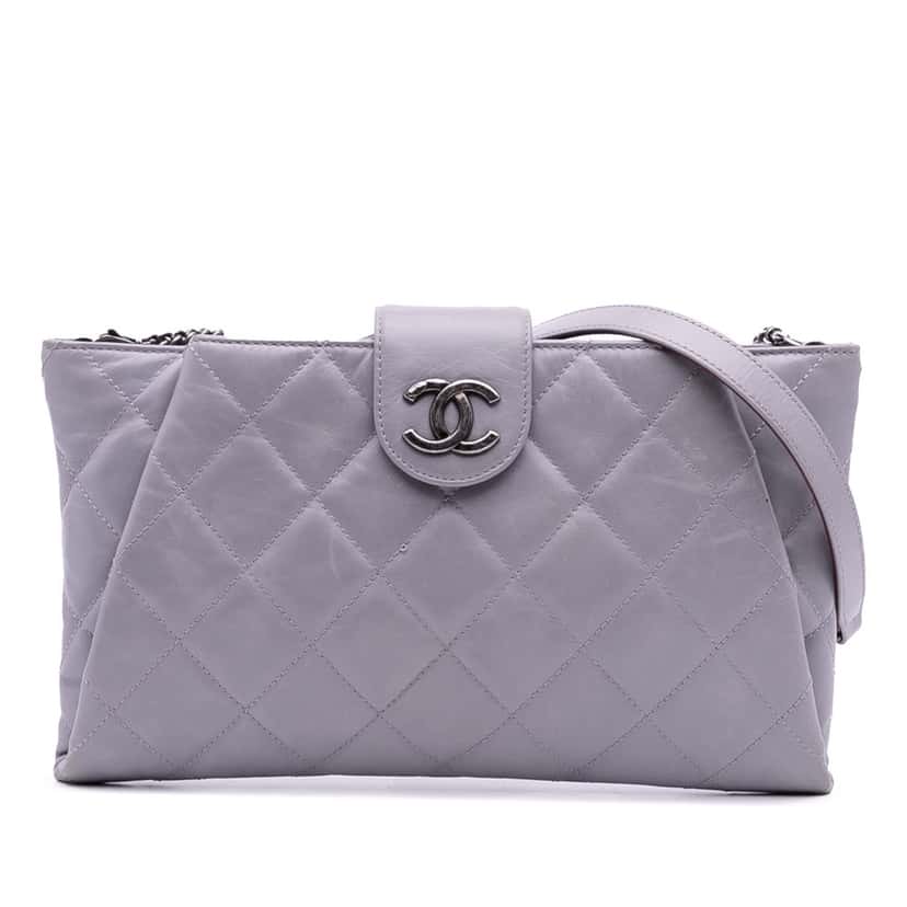 Chanel Quilted Glazed Calfskin Coco Pleats Chain Clutch Purple Leather Good condition - Front View