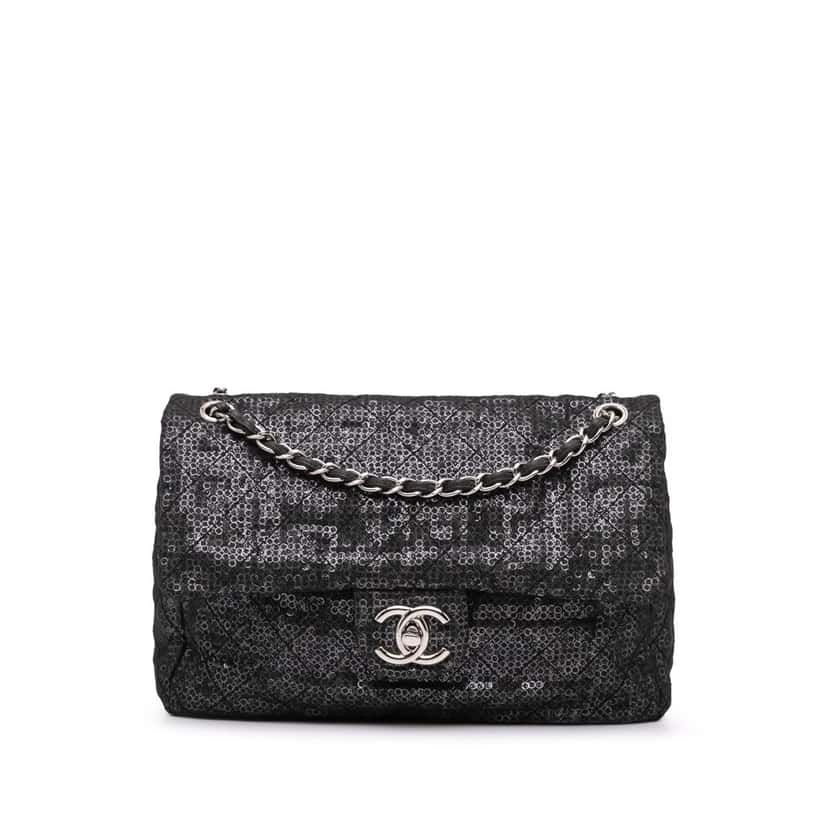 Chanel Maxi Hidden Sequins Mesh Flap Black Polyester Good condition - Front View