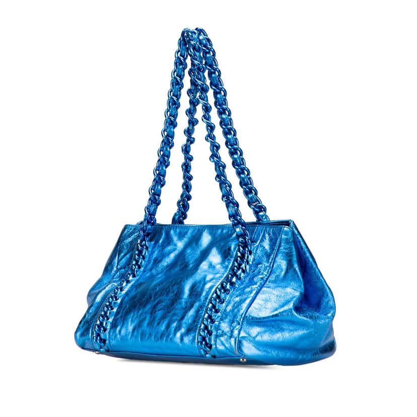 Chanel Medium Cracked Metallic Calfskin Modern Chain Tote Blue Leather Good condition - Back View