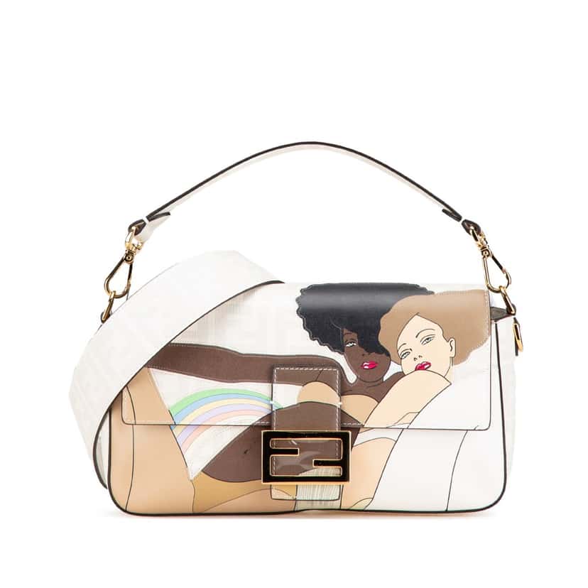 Fendi Zucca Graphic Print Coated Canvas Bikini Girls Baguette Satchel White Canvas Good condition - Front View