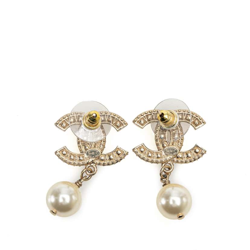 Chanel Gold Plated CC Rhinestones Pearl Drop Push Back Earrings Gold Metal Good condition - Back View