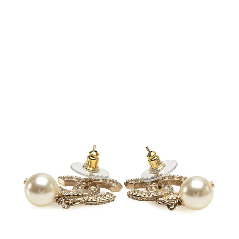 Chanel Gold Plated CC Rhinestones Pearl Drop Push Back Earrings Gold Metal Good condition - Inside View