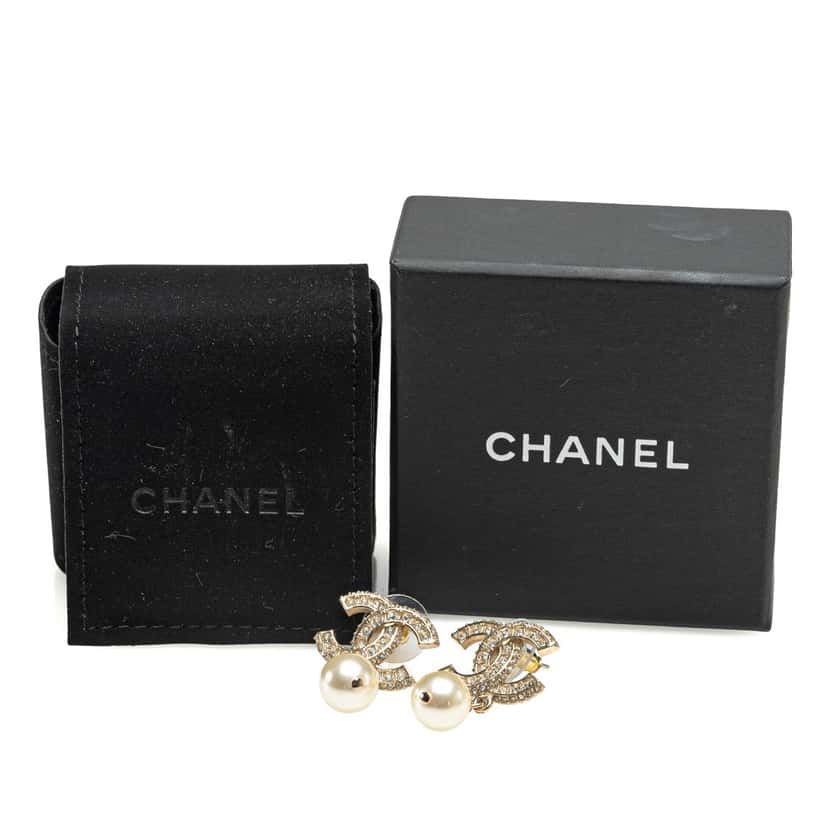 Chanel Gold Plated CC Rhinestones Pearl Drop Push Back Earrings Gold Metal Good condition - Box View