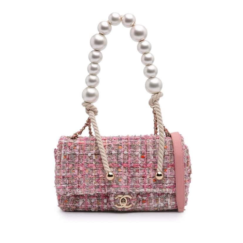 Chanel Mini Tweed Pearl Top Handle Flap Pink Tweed Good condition - Front View
