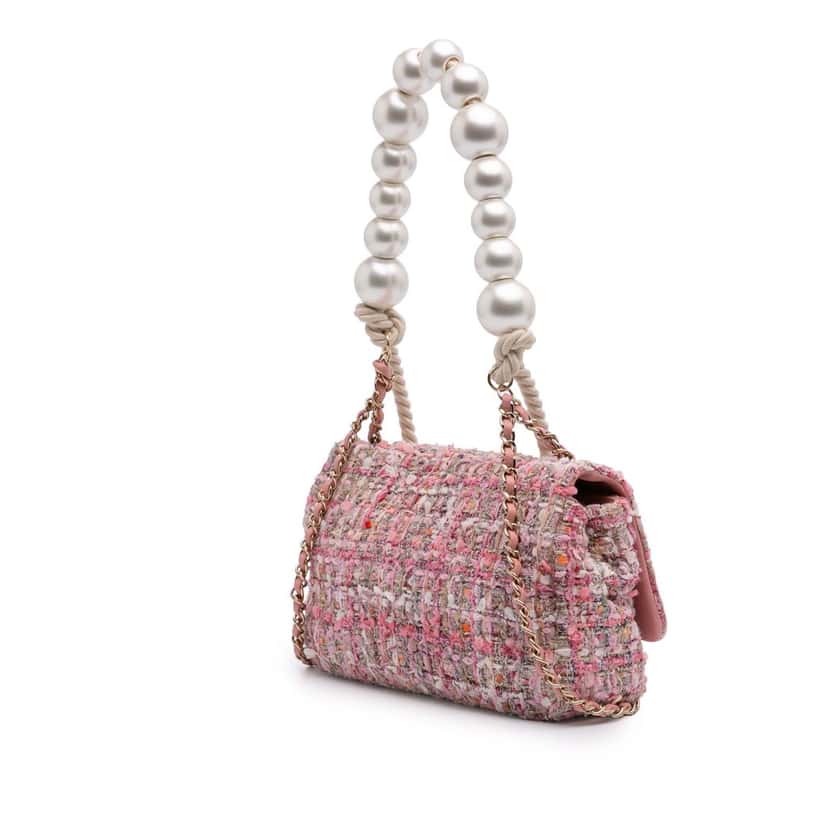 Chanel Mini Tweed Pearl Top Handle Flap Pink Tweed Good condition - Back View