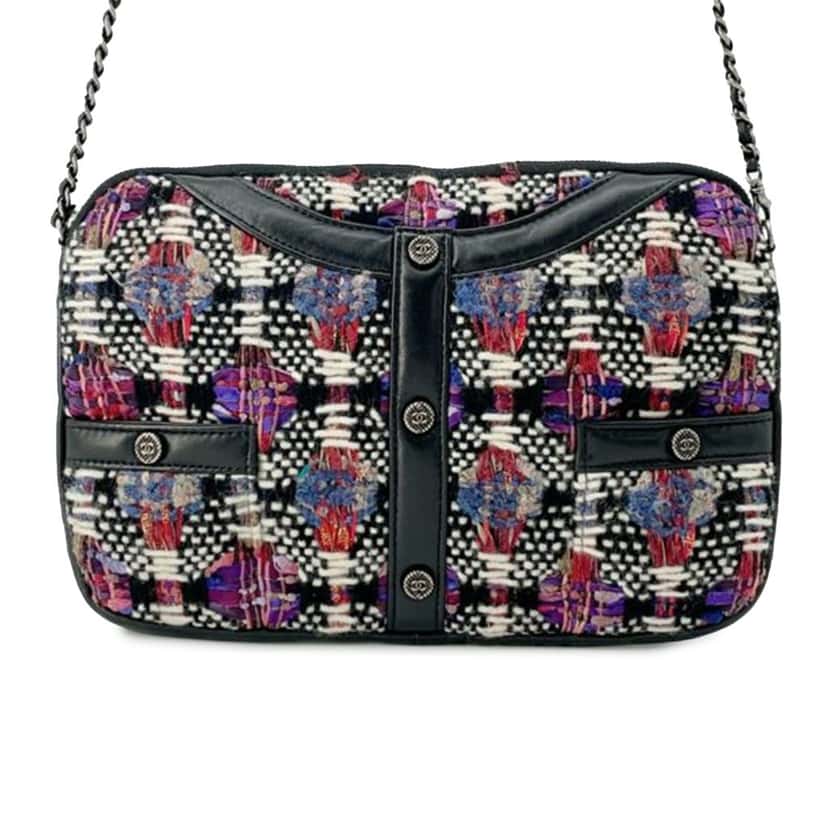 Chanel Small Tweed and Lambskin Girl Clutch on Chain Black Tweed Good condition - Front View