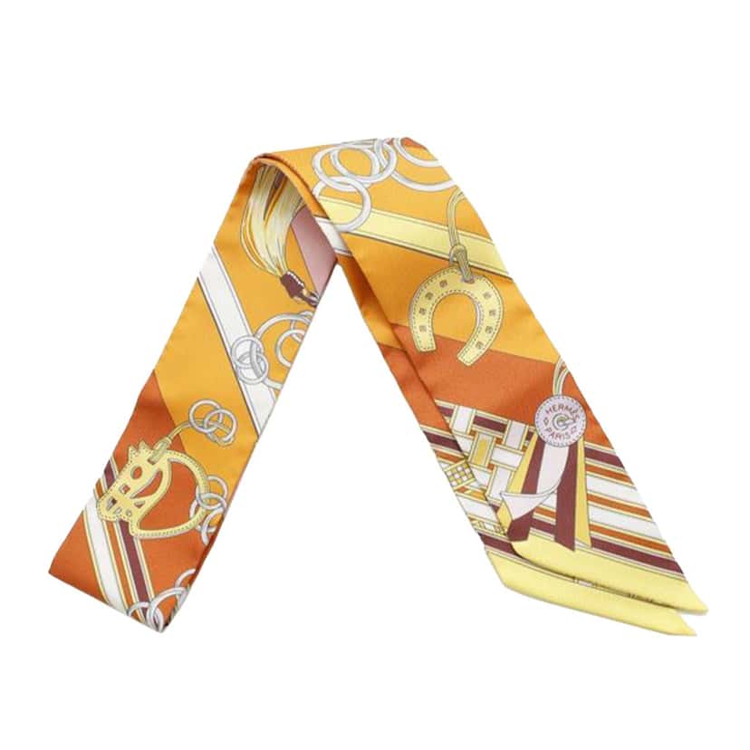 Hermès Brides et Gris-Gris Silk Twilly Scarf Orange Silk Very good condition - Front View