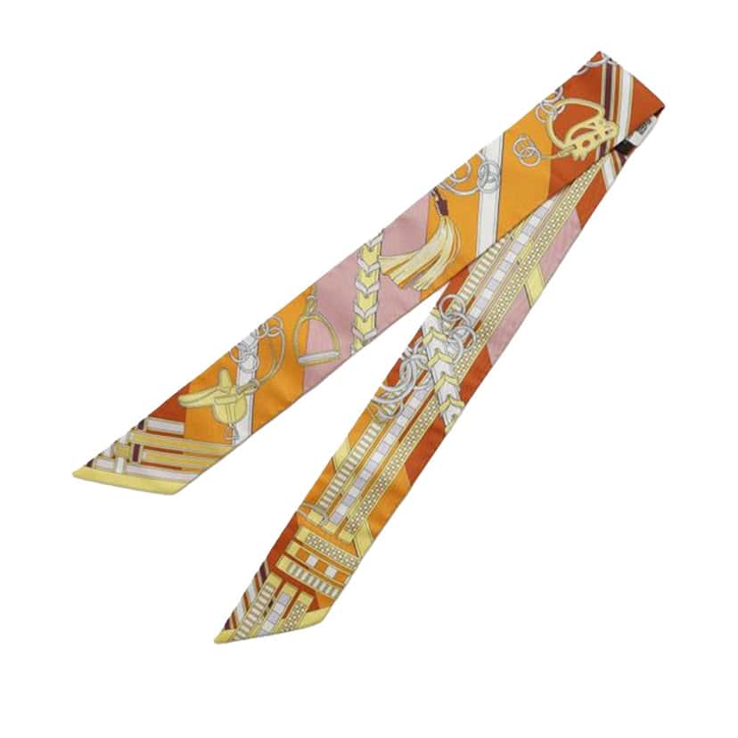 Hermès Brides et Gris-Gris Silk Twilly Scarf Orange Silk Very good condition - Back View