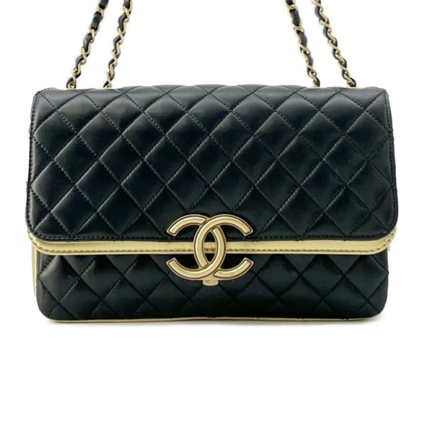 Chanel Medium Quilted Metallic Lambskin CC Chic Double Flap Black Leather Good condition - Front View