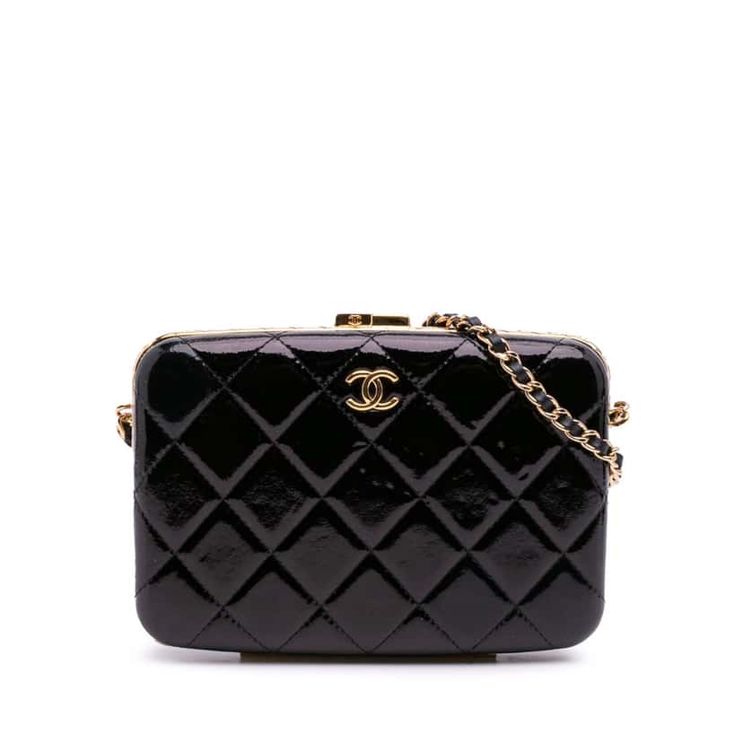 Chanel Large Glazed Goatskin Box With Chain Black Leather Good condition - Front View