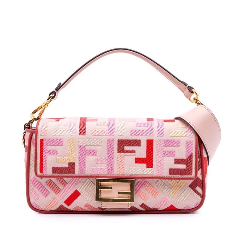 Fendi Zucca Embroidered Canvas Baguette Satchel Pink Canvas Good condition - Front View