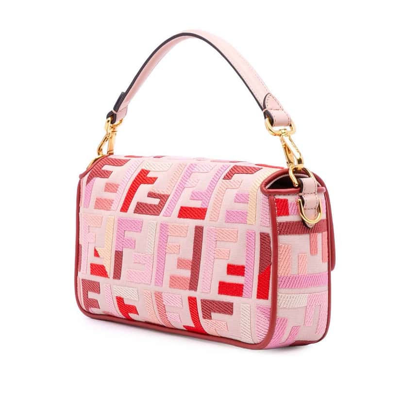 Fendi Zucca Embroidered Canvas Baguette Satchel Pink Canvas Good condition - Back View