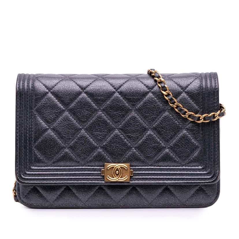 Chanel Quilted Lambskin Boy Wallet On Chain Black Leather Good condition - Front View