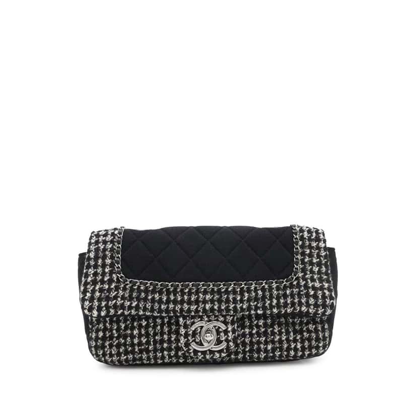 Chanel Medium Quilted Jersey and Tweed Chain Flap Black Cotton Good condition - Front View