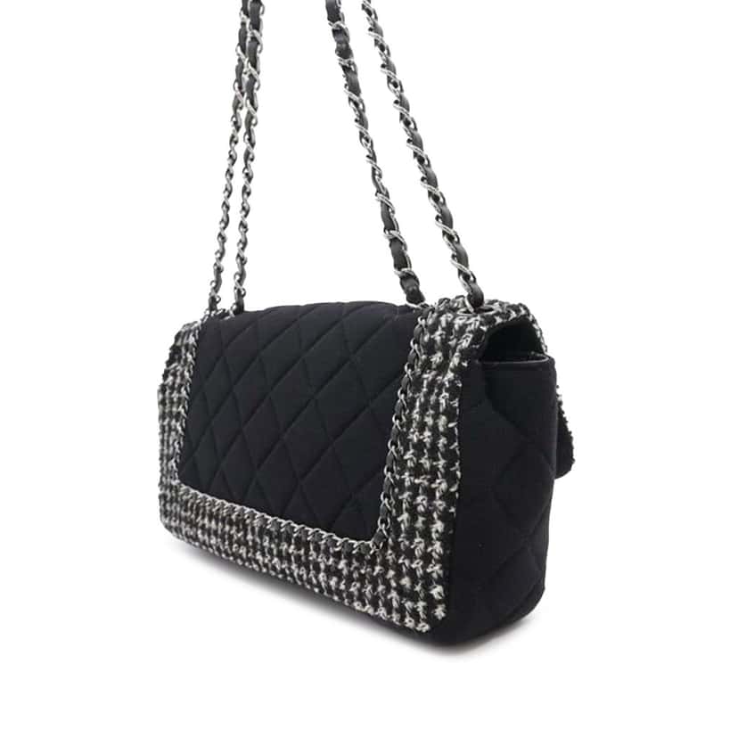 Chanel Medium Quilted Jersey and Tweed Chain Flap Black Cotton Good condition - Back View