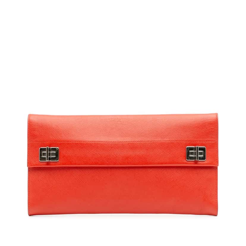 Prada Saffiano Flap Clutch Red Leather Good condition - Front View