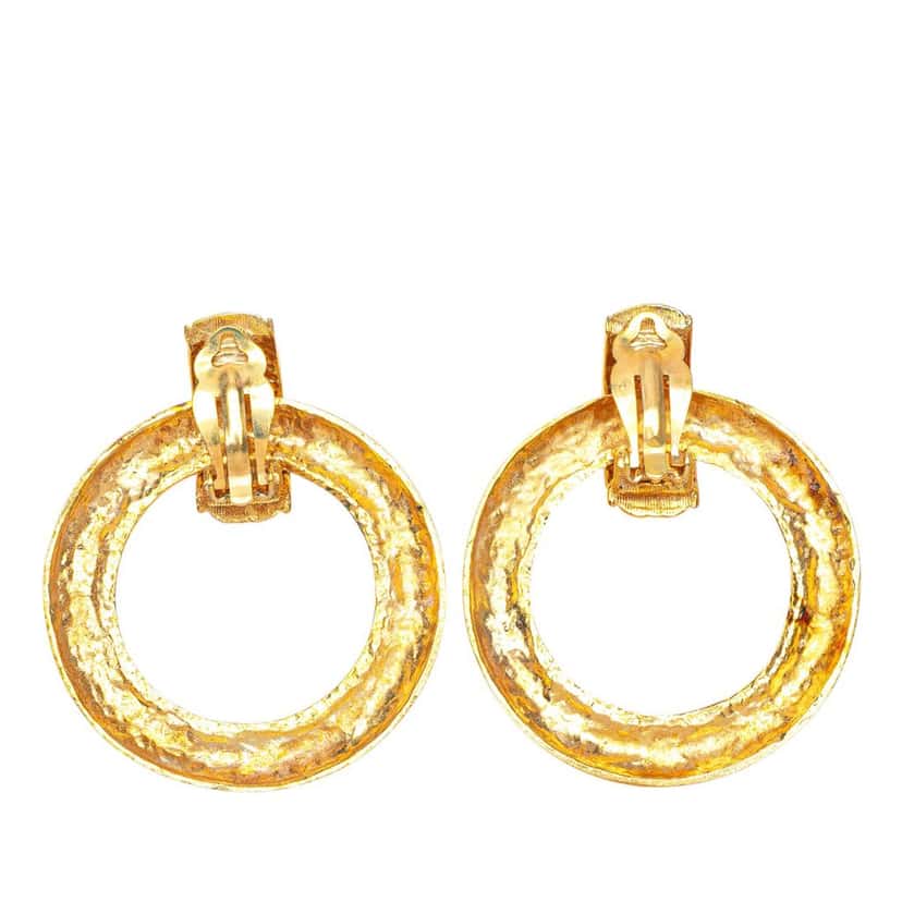 Chanel Gold Plated Quilted Dangle Hoop Clip On Earrings Gold Metal Good condition - Back View