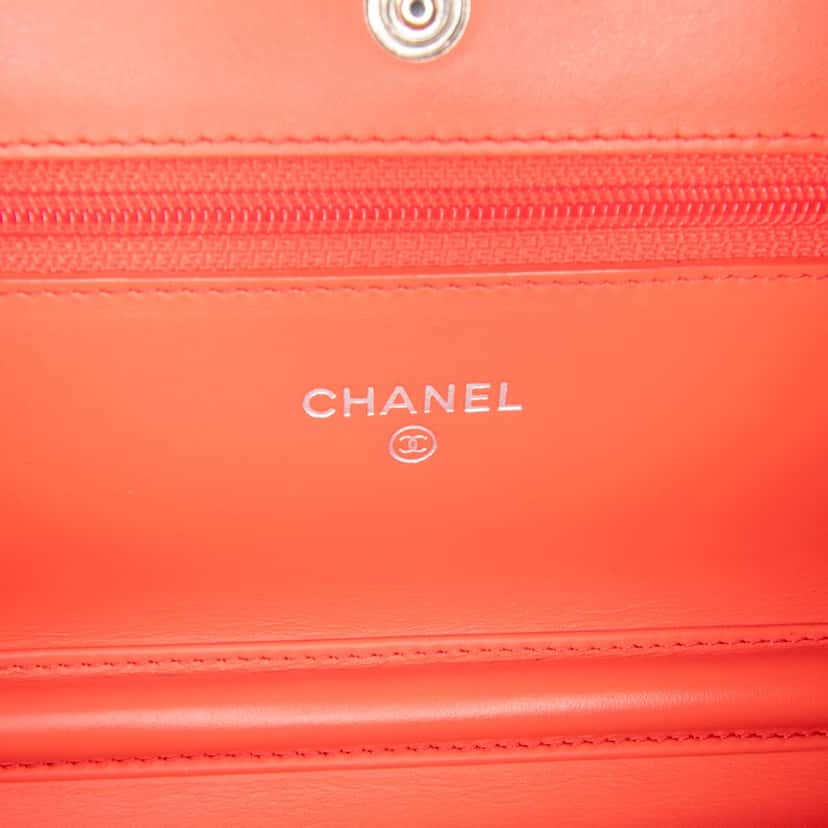 Chanel Patent Striped Wallet On Chain Orange Leather Good condition - Box View