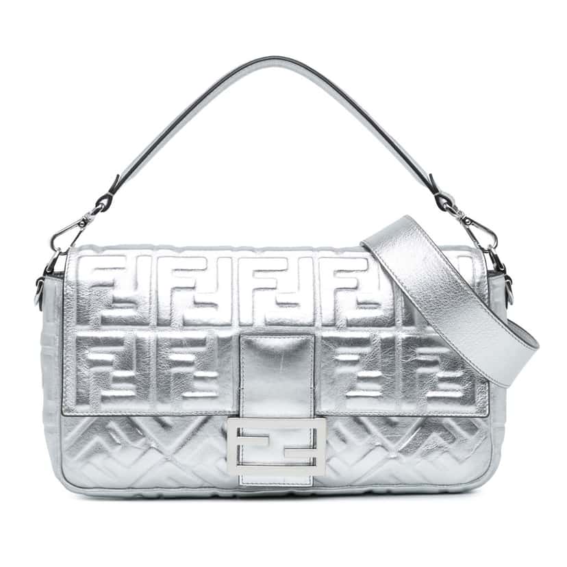 Fendi Large Zucca Embossed Baguette Satchel Silver Leather Good condition - Front View