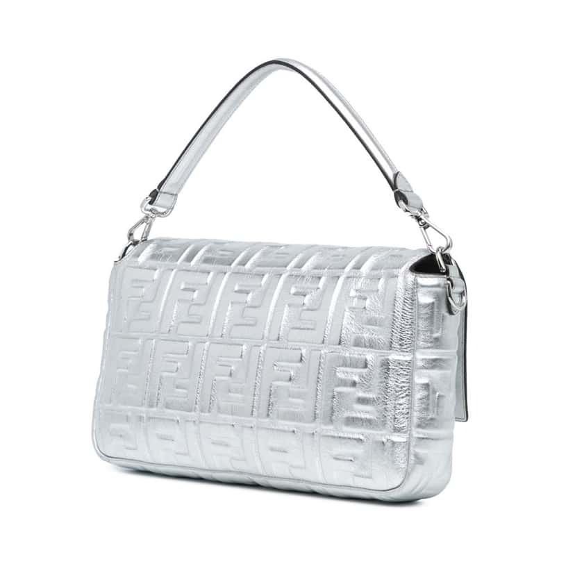 Fendi Large Zucca Embossed Baguette Satchel Silver Leather Good condition - Back View