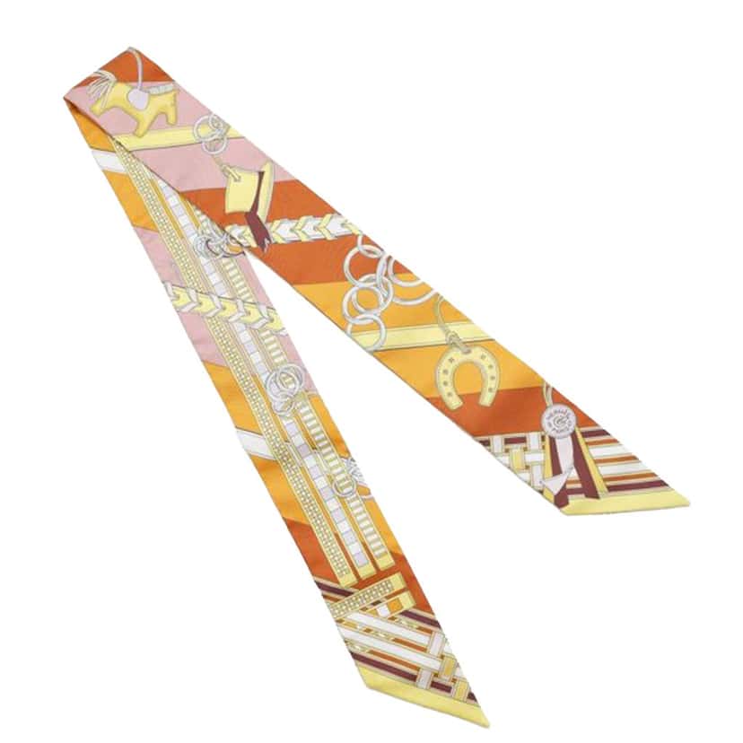 Hermès Brides et Gris-Gris Silk Twilly Scarf Orange Silk Very good condition - Front View