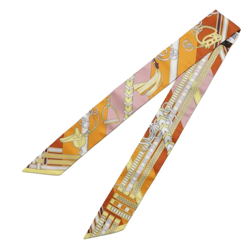 Hermès Brides et Gris-Gris Silk Twilly Scarf Orange Silk Very good condition - Back View