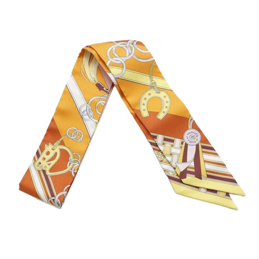 Hermès Brides et Gris-Gris Silk Twilly Scarf Orange Silk Very good condition - Inside View