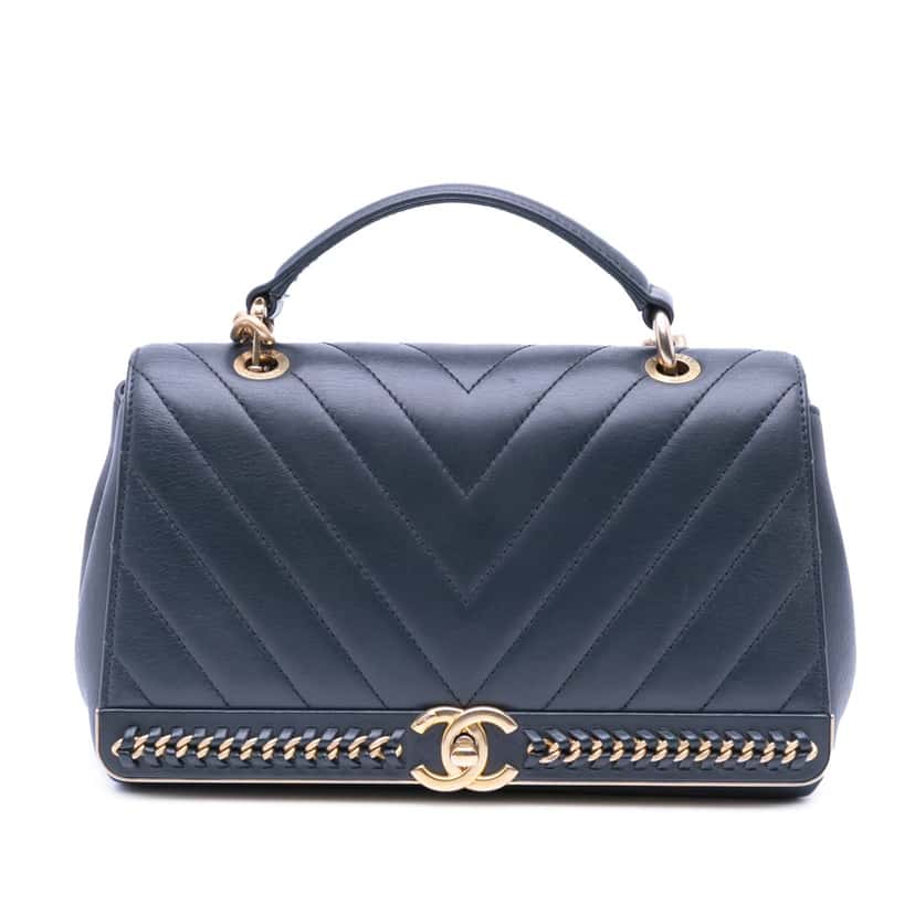 Chanel Chevron Sheepskin Stitched Chain Top Handle Flap Black Leather Good condition - Front View