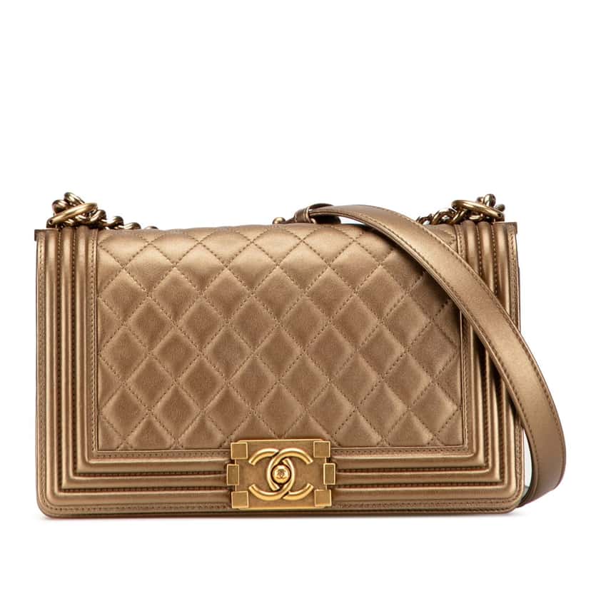 Chanel Old Medium Quilted Metallic Lambskin Boy Flap Brown Leather Good condition - Front View