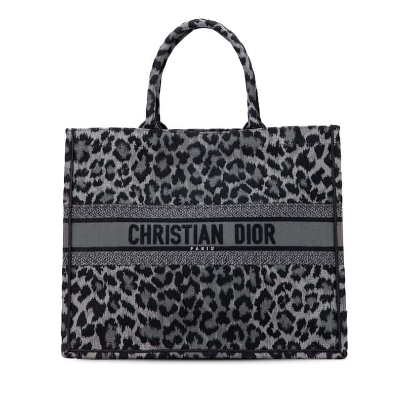 Dior Mizza Large Embroidered Canvas Leopard Book Tote Grey Canvas Good condition - Front View