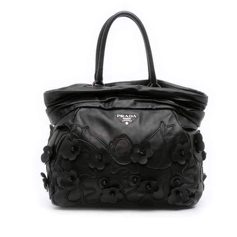 Prada Nappa Intarsio Flower Shopping Tote Black Leather Good condition - Front View