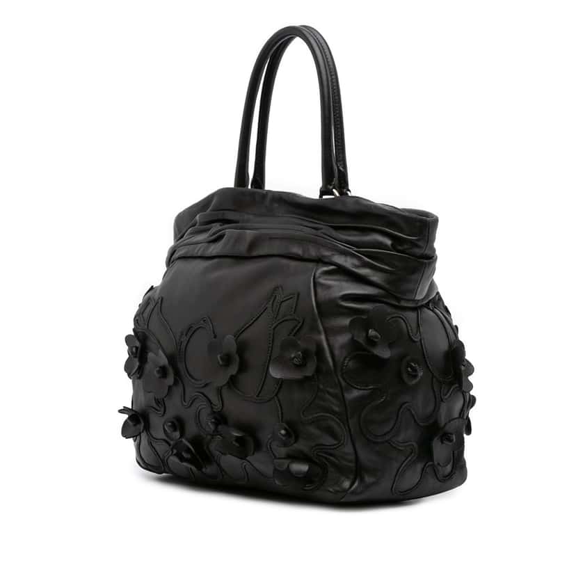 Prada Nappa Intarsio Flower Shopping Tote Black Leather Good condition - Back View