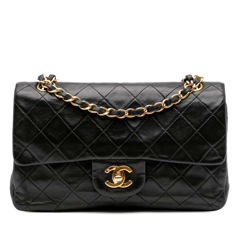 Chanel Small Classic Lambskin Double Flap Black Leather Good condition - Front View