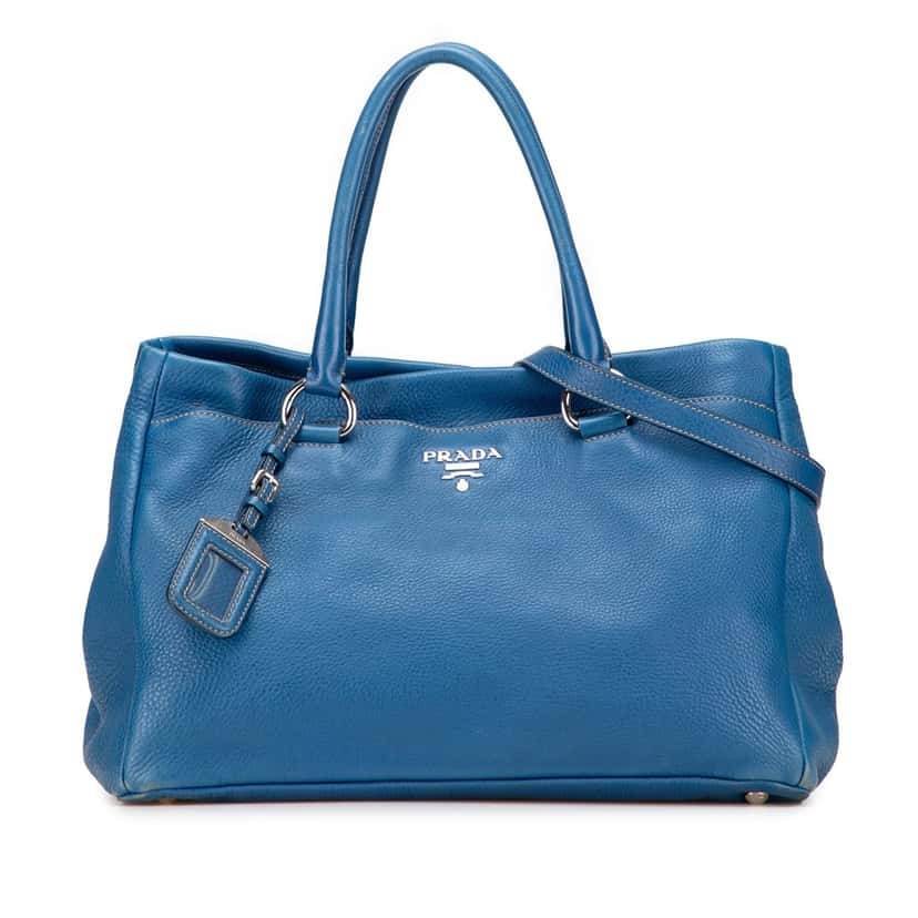 Prada Vitello Daino Open Convertible Tote Blue Leather Good condition - Front View